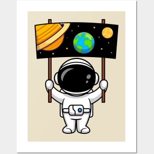 Cute Astronaut Holding Space Board Cartoon Posters and Art